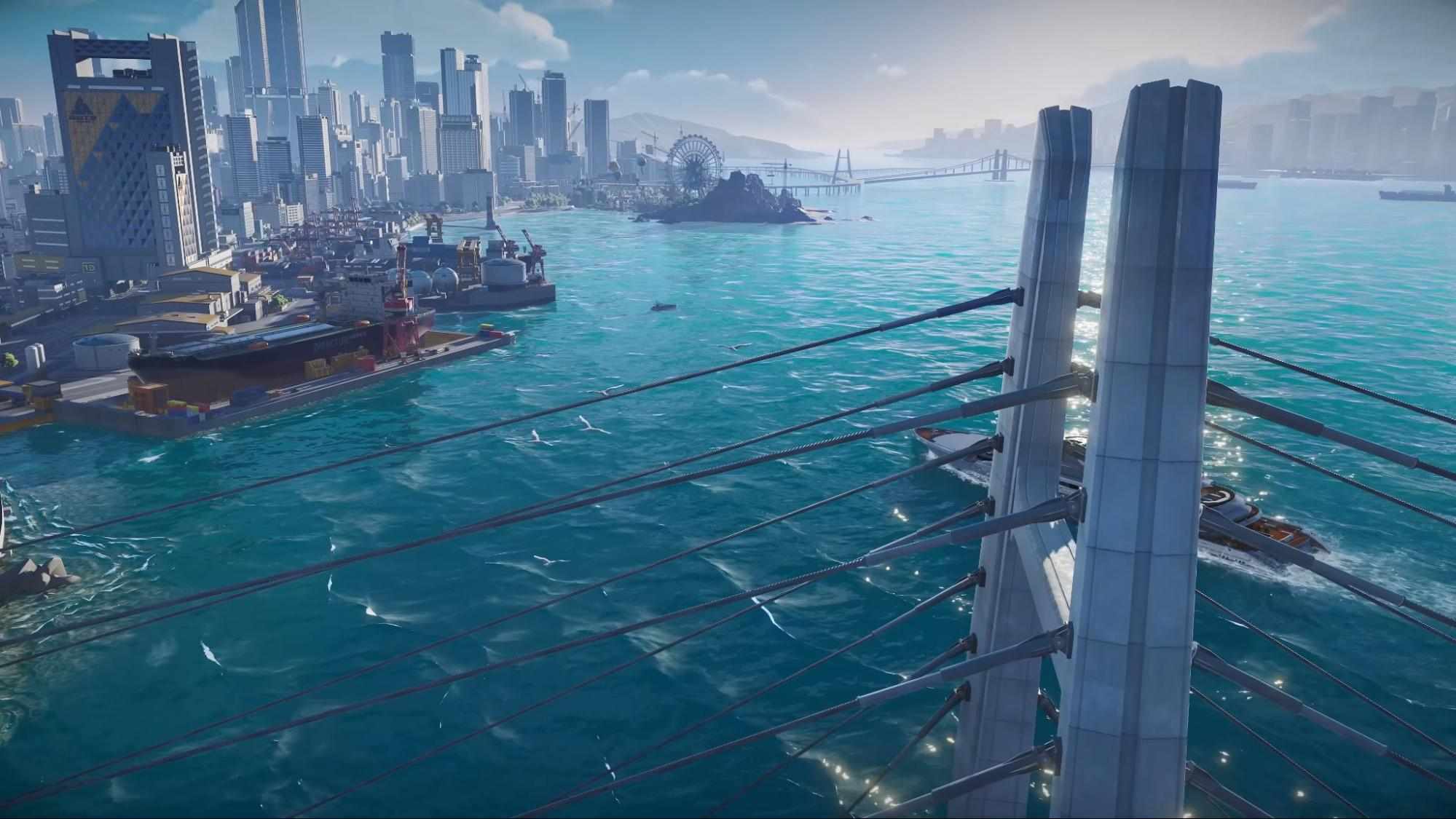 A panoramic view of Nova City in Ananta, showing skyscrapers, harbors, and bridges in the anime sandbox world.
