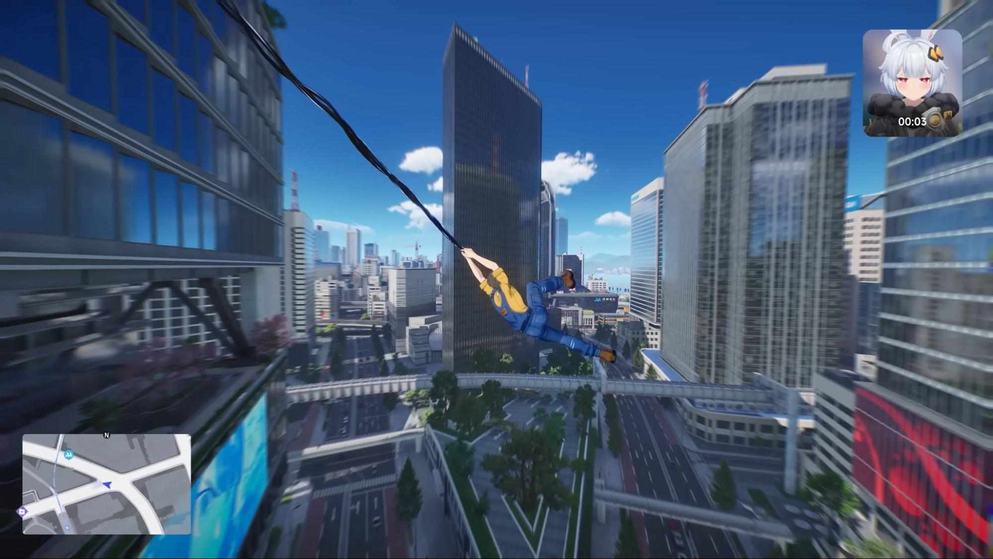 A character swings between skyscrapers in Ananta, showcasing traversal gameplay inspired by Marvel’s Spider-Man