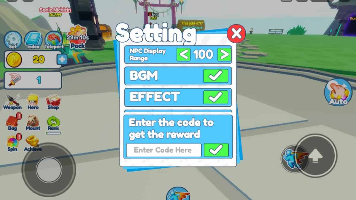 Anime Catching Simulator codes: The redemption screen for Anime Catching Simulator
