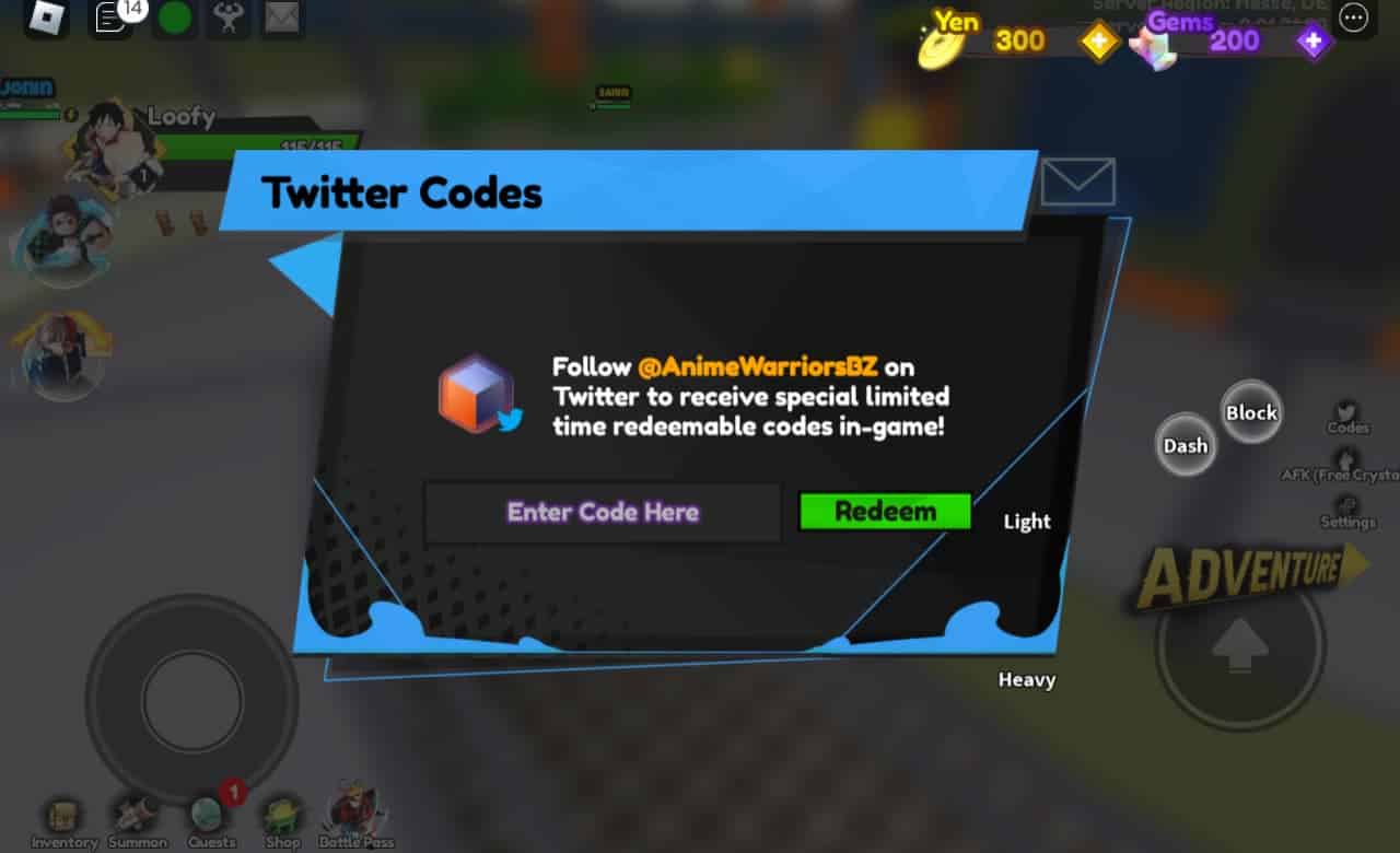 Anime Warriors codes: Code redemption page