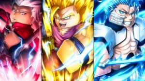 Anime World Tower Defense codes: Three characters from Anime World Tower Defense posing