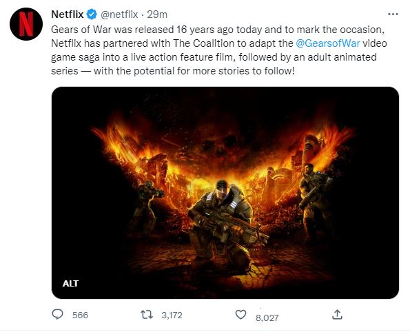 Gears of War Netflix Announcement Tweet