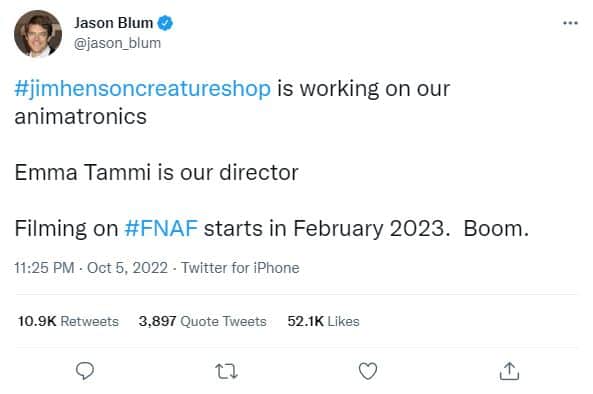Five Nights At Freddy's Announcement Tweet