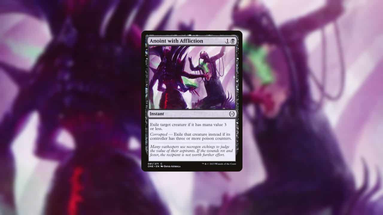 An image of an Anoint with Affliction card with a purple background in MTG. Image captured by VideoGamer.