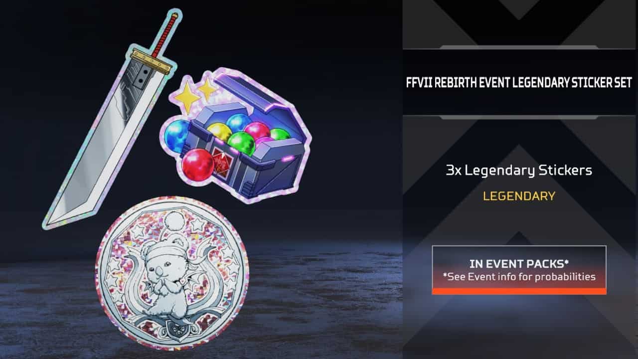 Apex Legends Final Fantasy 7 Rebirth event start time and LTM game mode explained: sticker colleciton for the event on display.