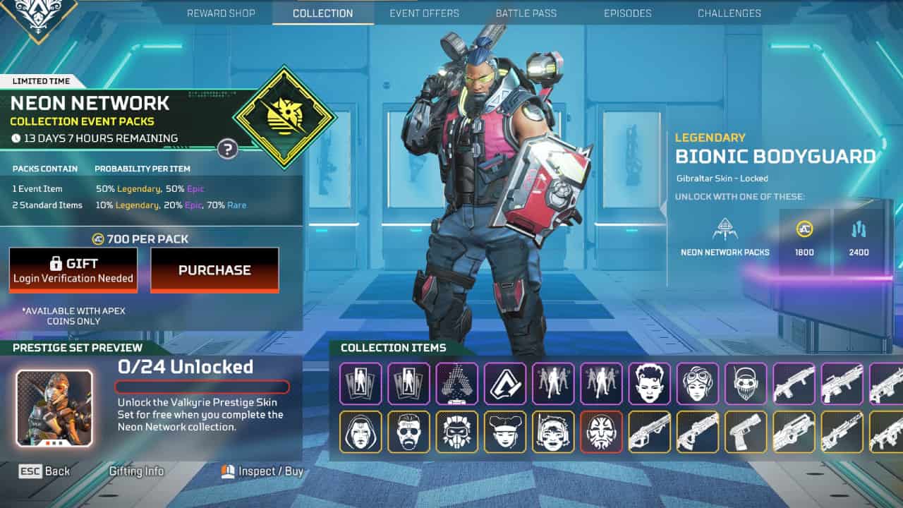 Apex Legends Neon Network: The event collections shop screen.