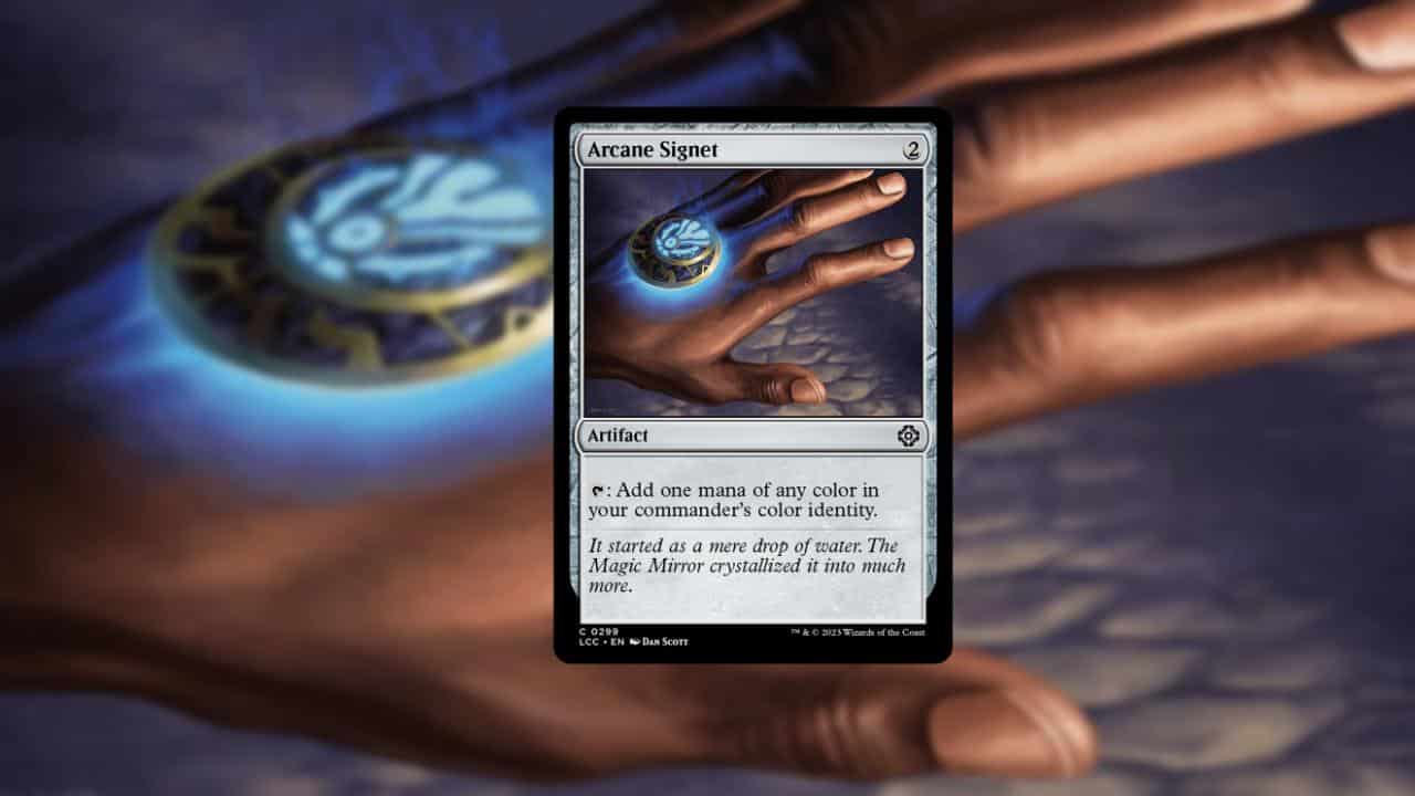 A hand displaying a card illuminated by a vibrant blue light, showcasing the best Mana rocks.