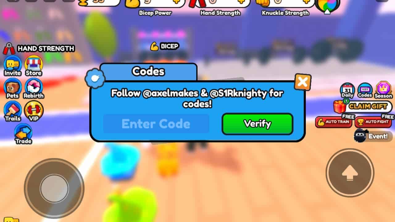 Arm Wrestle Simulator codes: Code Redemption screen
