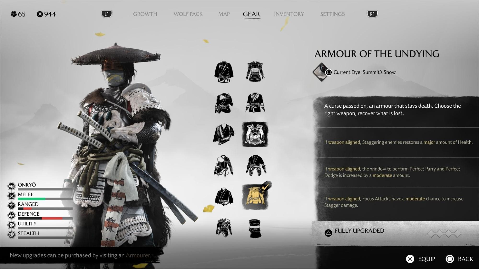Fully upgraded Armor of the Undying enhancing melee combat in Ghost of Yotei