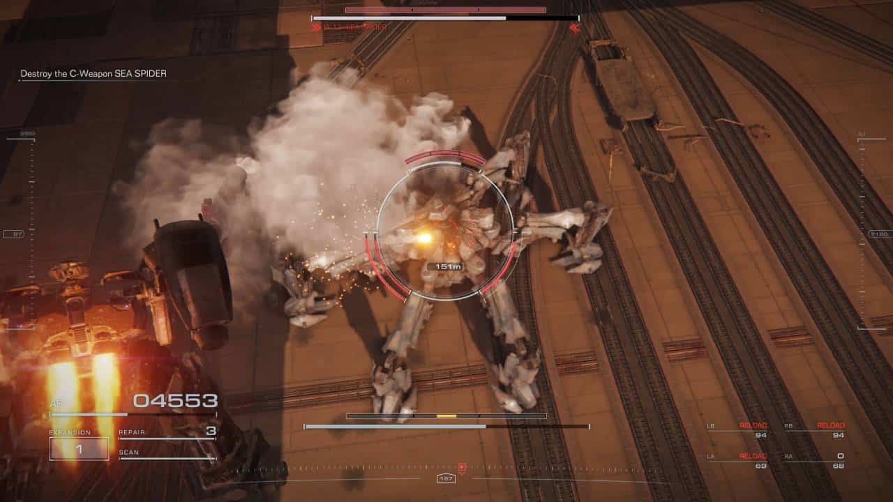  Armored Core reverse grip: An AC takes on the Sea Spider boss from the air.