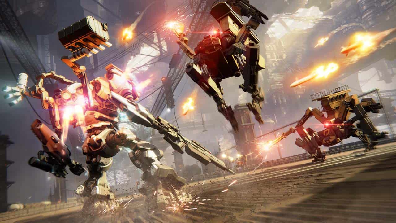 A group of Armored Core 6 robots are engaged in combat within a city.
