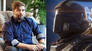 Split image: left side shows a man in a blue shirt sitting on a couch, right side shows a Helldivers 2 enthusiast in a futuristic helmet looking at city lights.