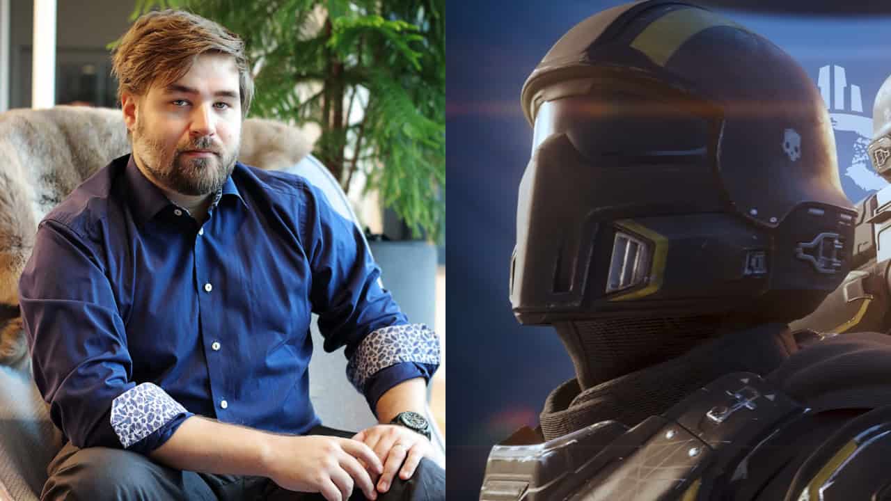 Split image: left side shows a man in a blue shirt sitting on a couch, right side shows a Helldivers 2 enthusiast in a futuristic helmet looking at city lights.