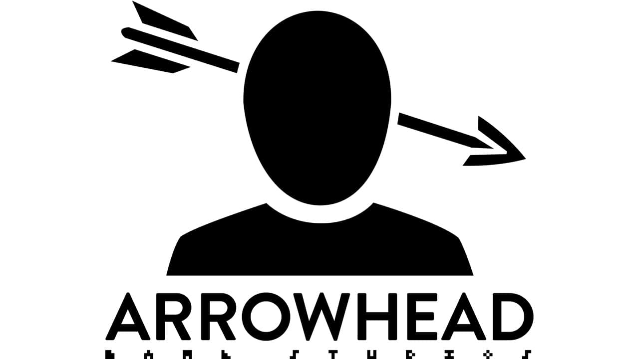 A black silhouette of a person with an arrow passing through their head; below, in bold capital letters, is the word "Arrowhead," reminiscent of the precision needed in Helldivers 2.
