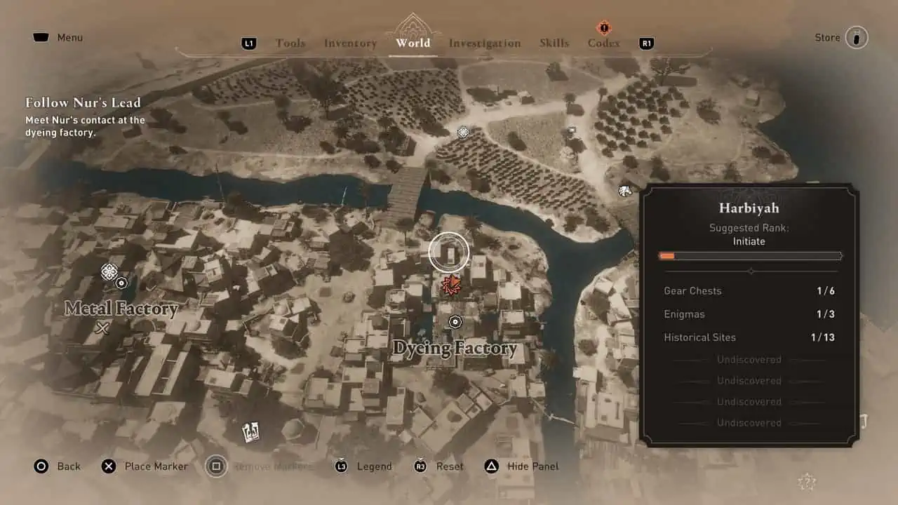 Assassin's Creed Mirage - Nur's contact location at the dyeing factory on the map.