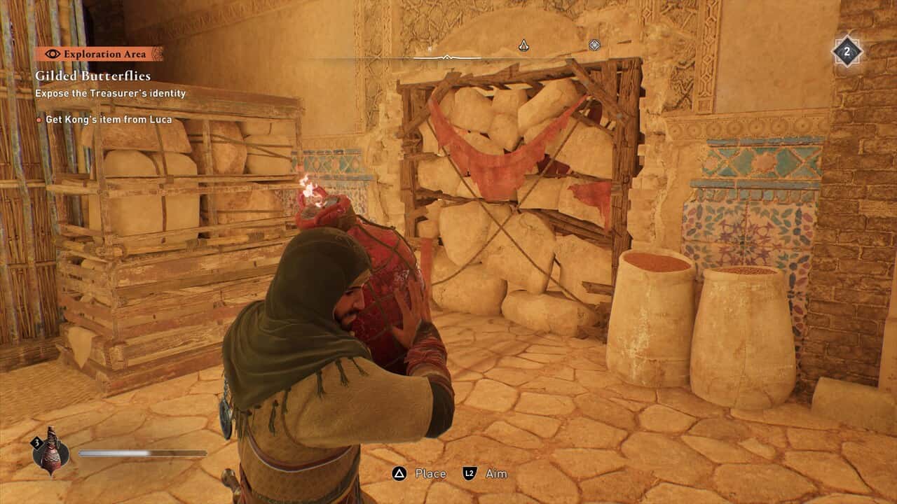 Assassin's Creed Mirage Gilded Butterflies - how to get Kong's plate from Luca: Basim holding a fire pot.