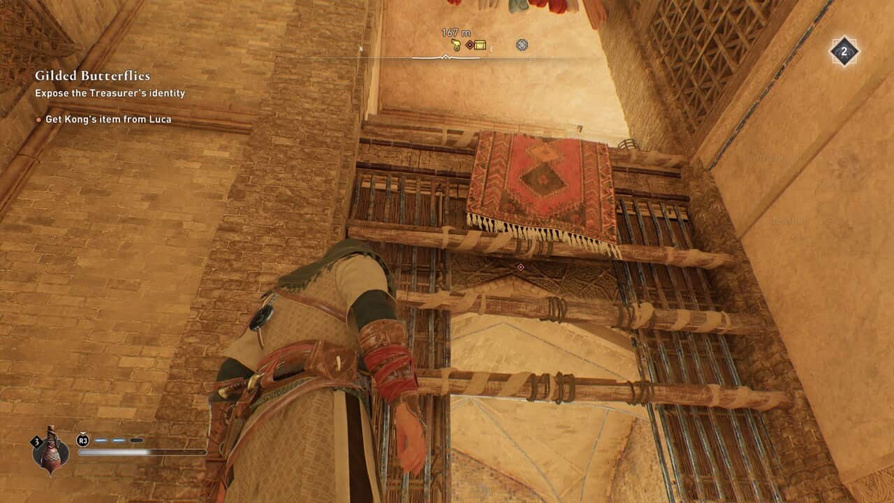 Assassin's Creed Mirage Gilded Butterflies - how to get Kong's plate from Luca: Basim looking up a ledge.