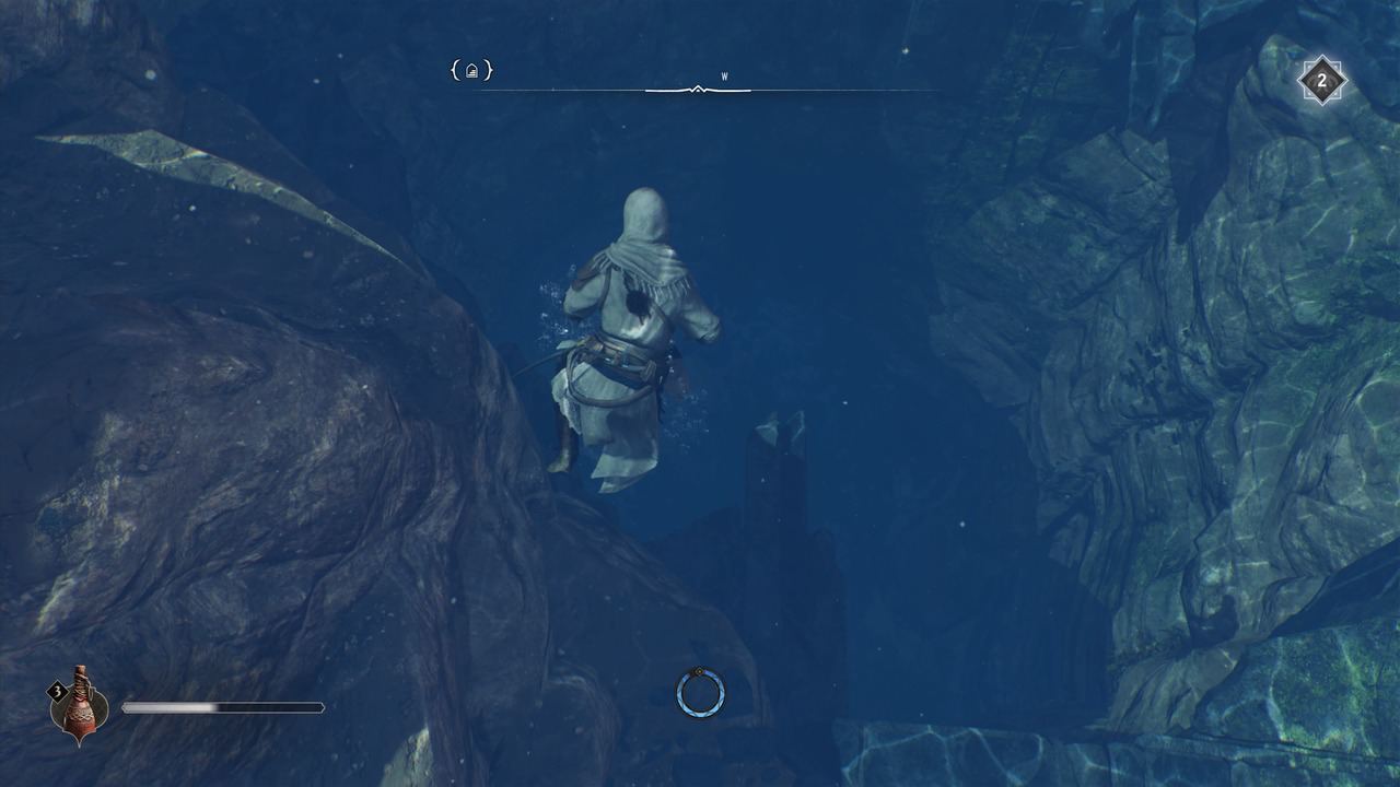 Assassin's Creed Mirage hidden place: Basim swimming to secret entrance.