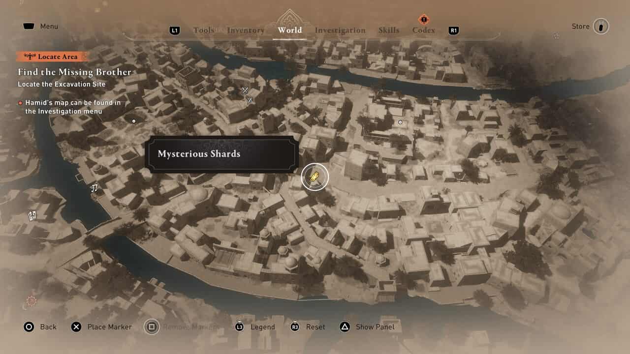 Assassin's Creed Mirage hidden place: Mysterious Shard icon on map.
