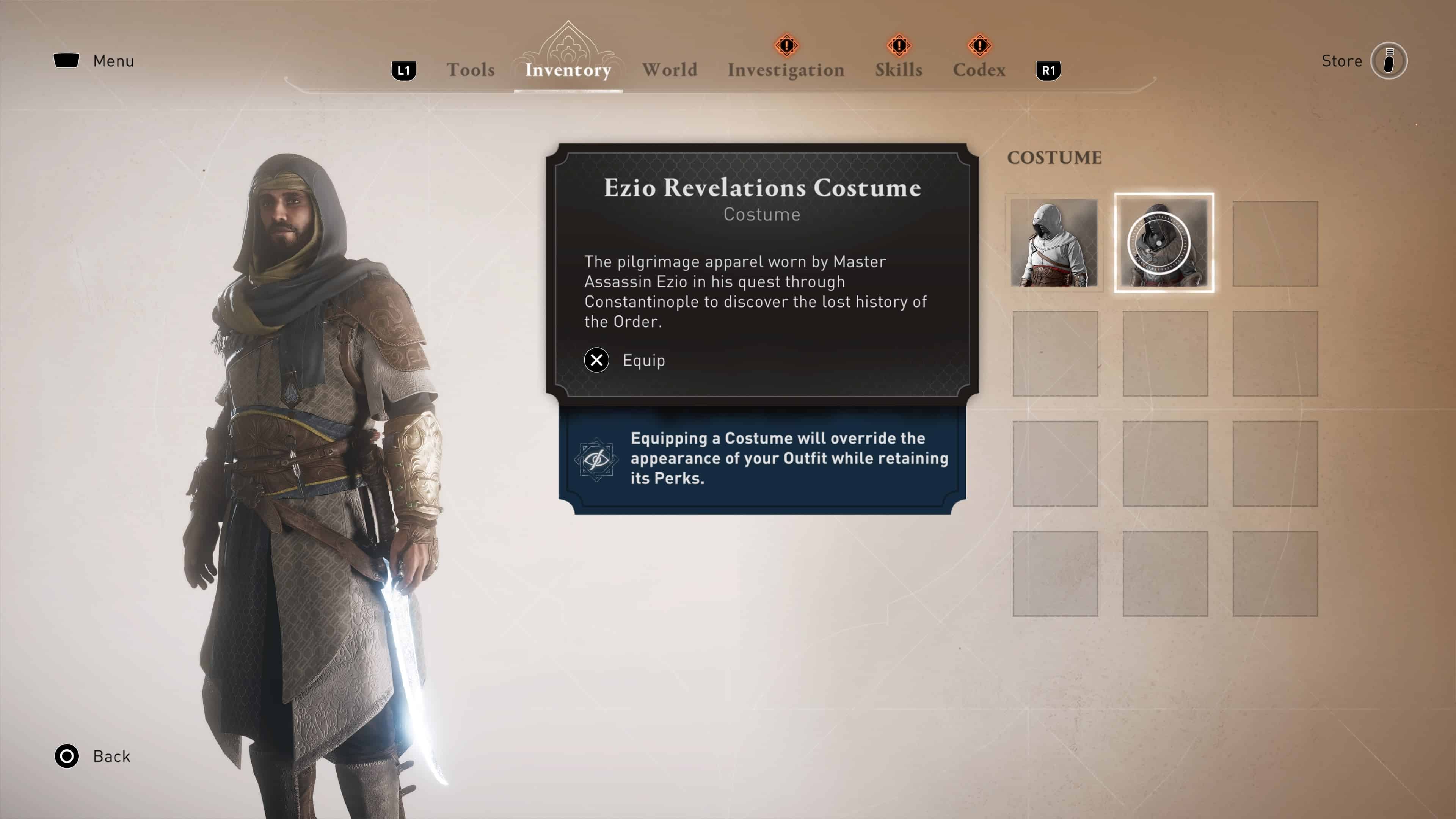 Assassin's Creed Mirage costumes - Basim in the menu showing Costumes.