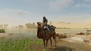 Assassin's Creed Mirage mounts: Basim on his camel by some water.
