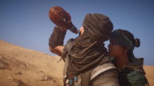 Assassin’s Creed Mirage review: two characters riding a camel in the desert.