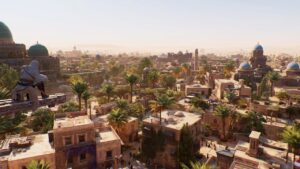 Assassin's Creed Mirage quest list: Basim overlooking Baghdad from viewpoint.
