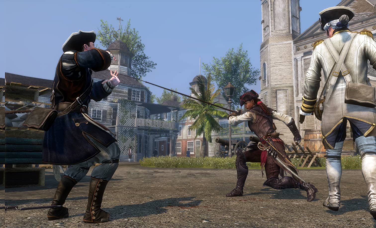 Aveline de Grandpré duels colonial soldiers with her rapier in Assassin’s Creed Liberation, set in a lively town square