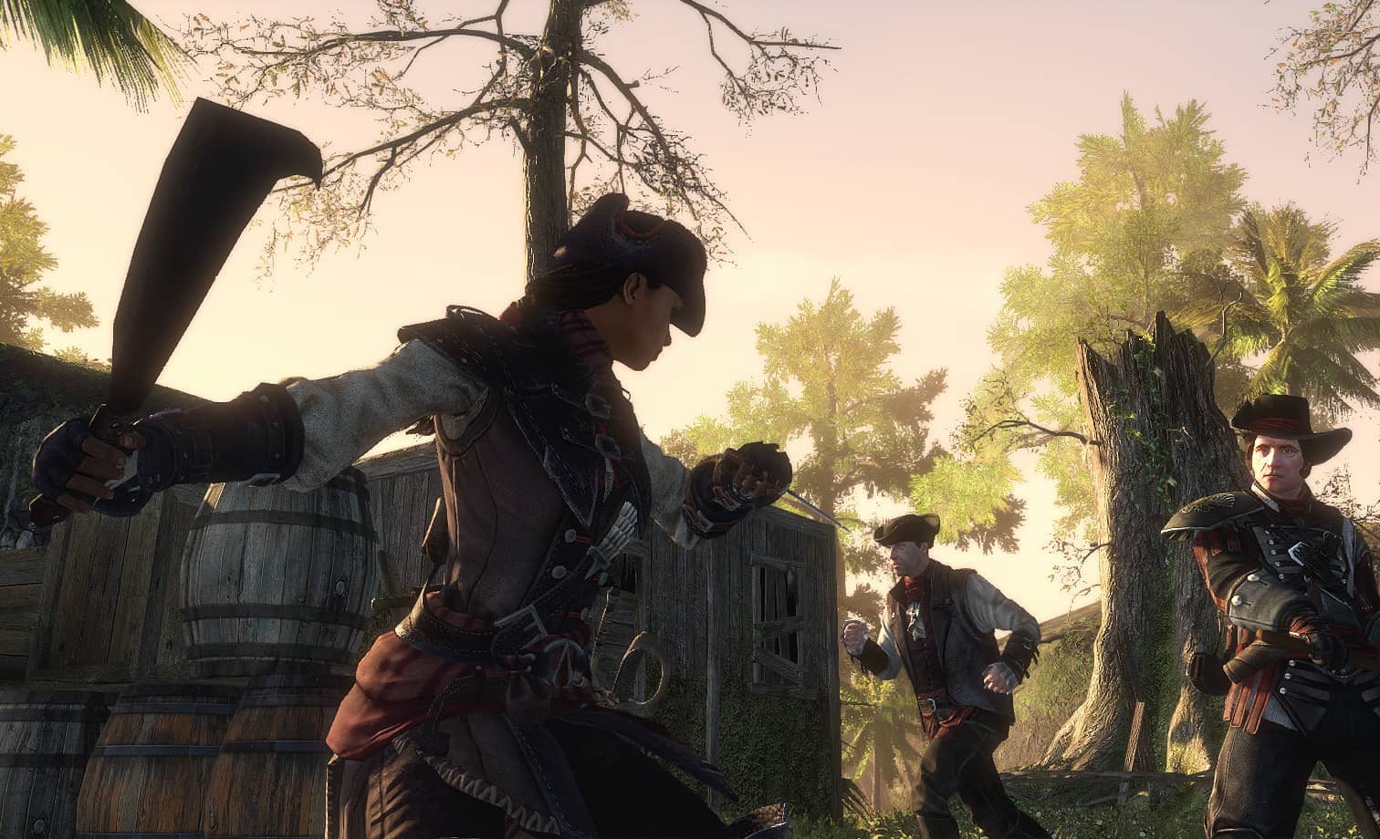 Aveline de Grandpré wields a machete in Assassin’s Creed Liberation, preparing to fight enemies in a dense forest clearing
