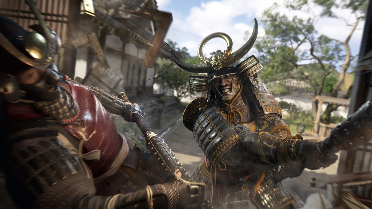 A samurai in ornate armor strikes his opponent during an intense duel in Assassin’s Creed Shadows