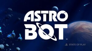 Astro Bot logo in bold white letters with a planet and moons backdrop, hinting at a new game. "State of Play" is visible at the bottom right.
