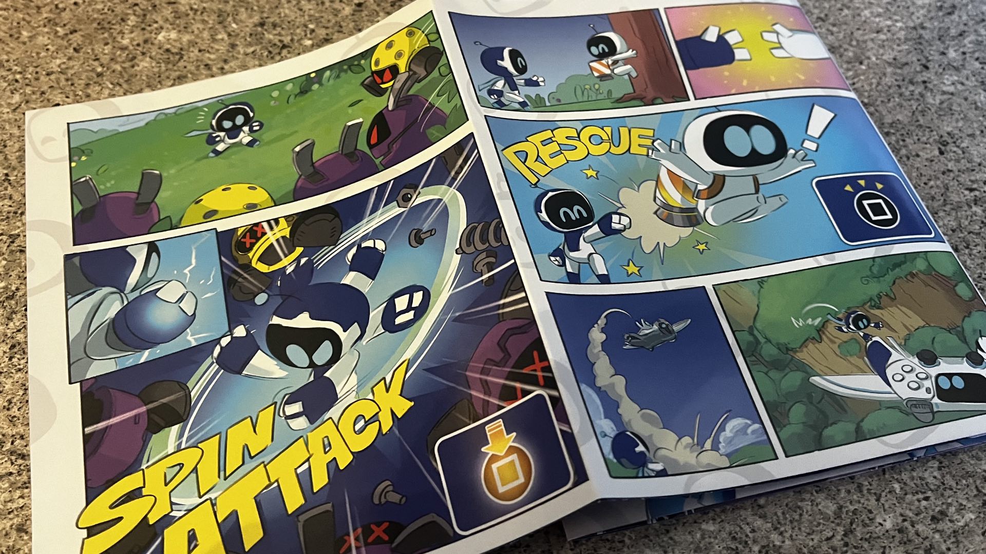 Astro Bot manual showing players how to attack and rescue friends