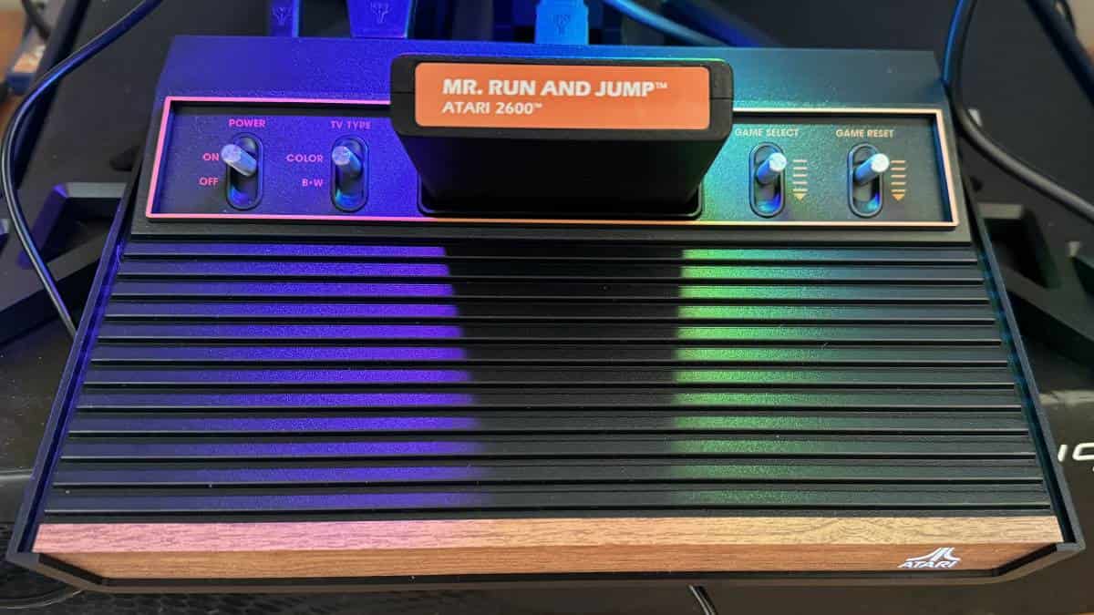 A retro gaming console, the Atari 2600+, is a blast from the past with an attached controller.