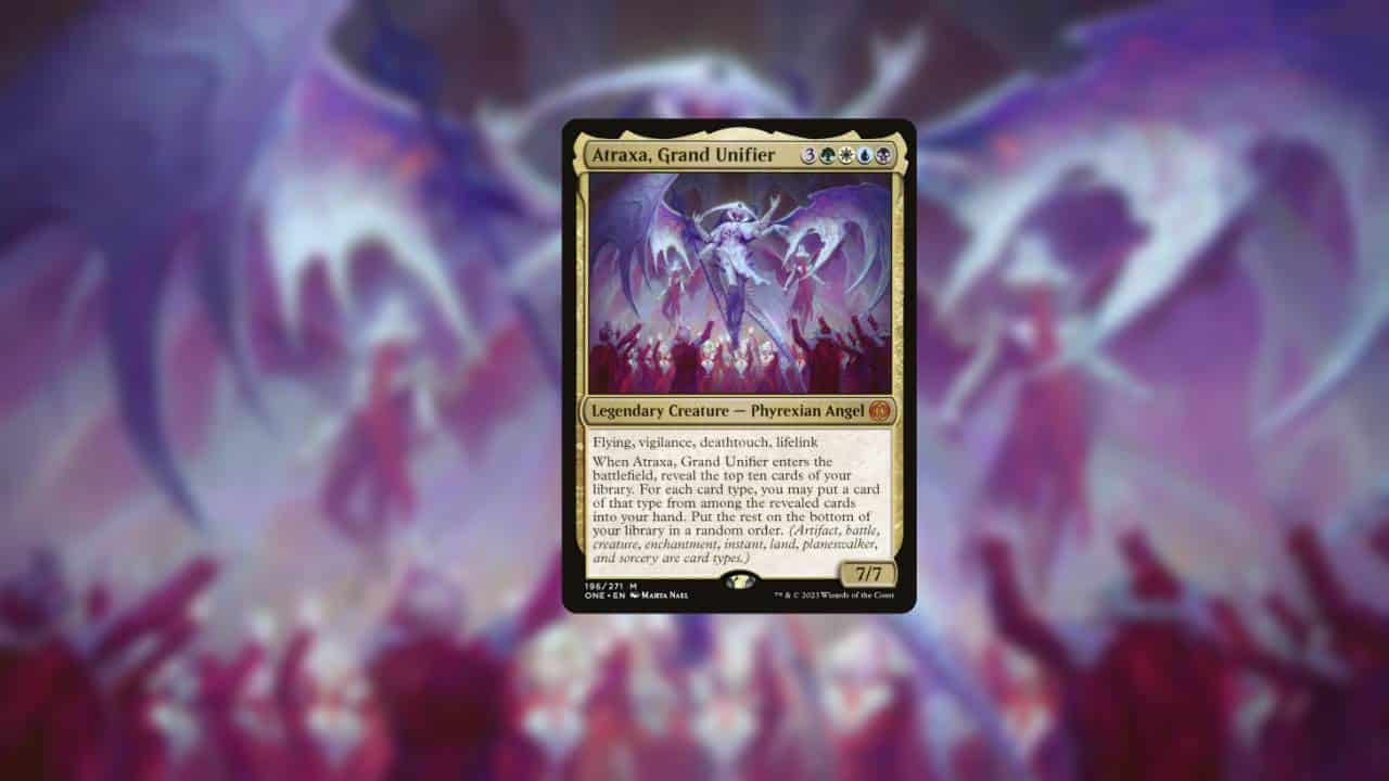 An image of a card featuring one of the best legendary creatures, set against a vibrant purple background.