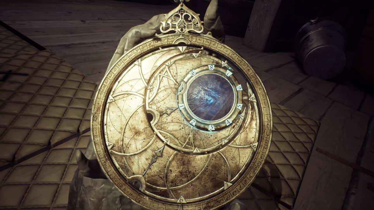 An ornate golden astrolabe with intricate details, positioned on a wooden surface, forms a key puzzle solution alone in the dark attic.