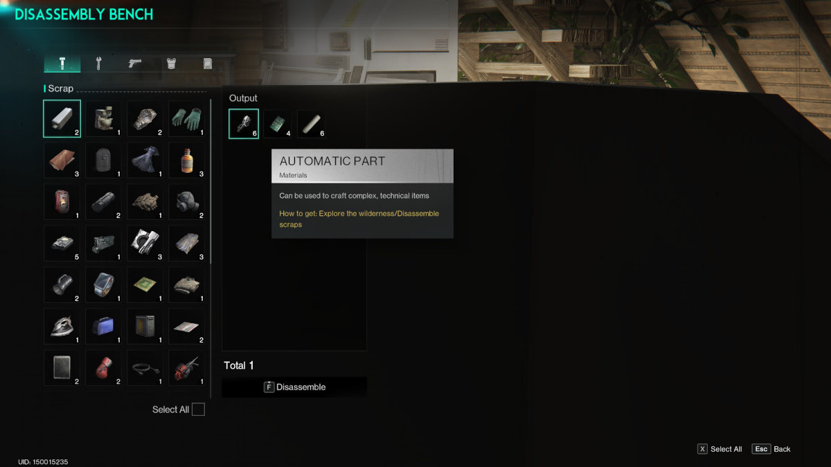 Automatic-Part-Once-Human: An image of disassembly in Once Human grating the player the automatic part for their crafting.
