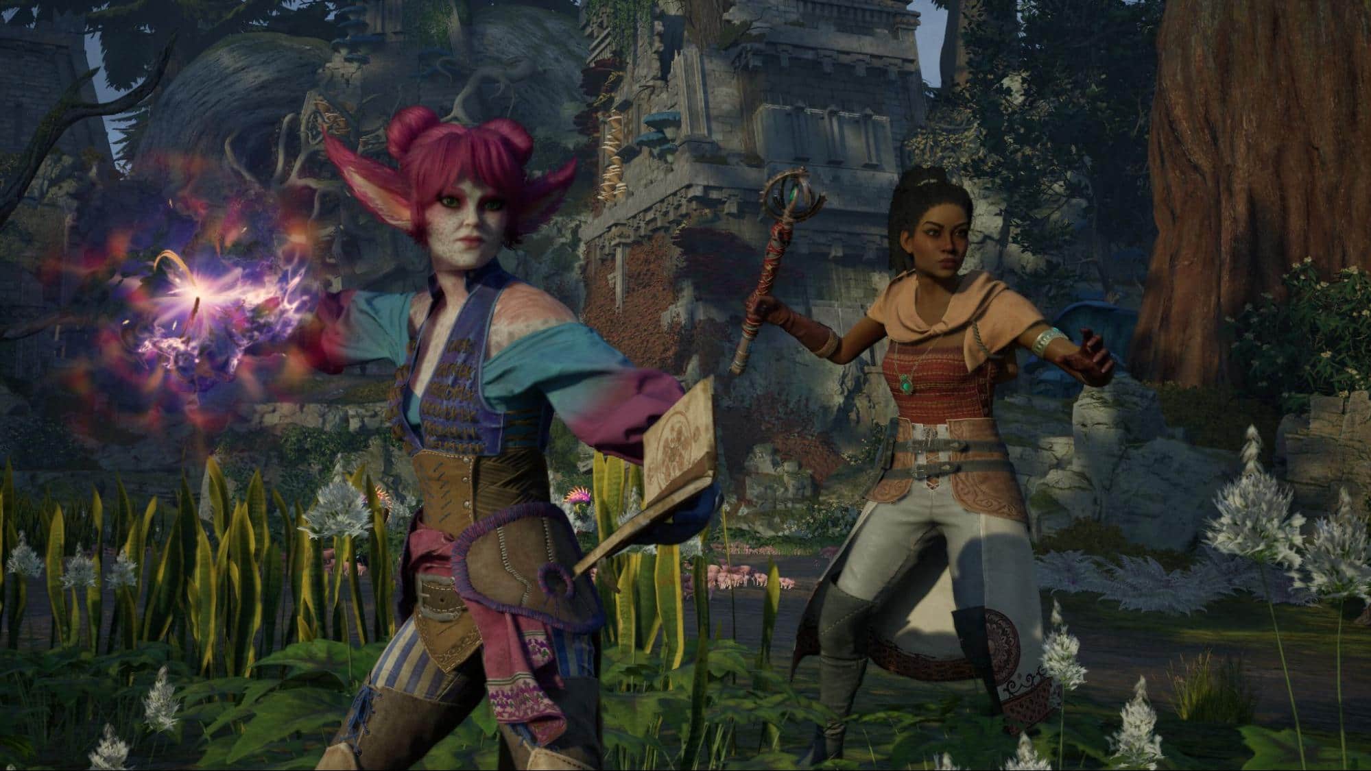 Two mages prepare magical attacks in Avowed amid lush ruins and fantasy scenery