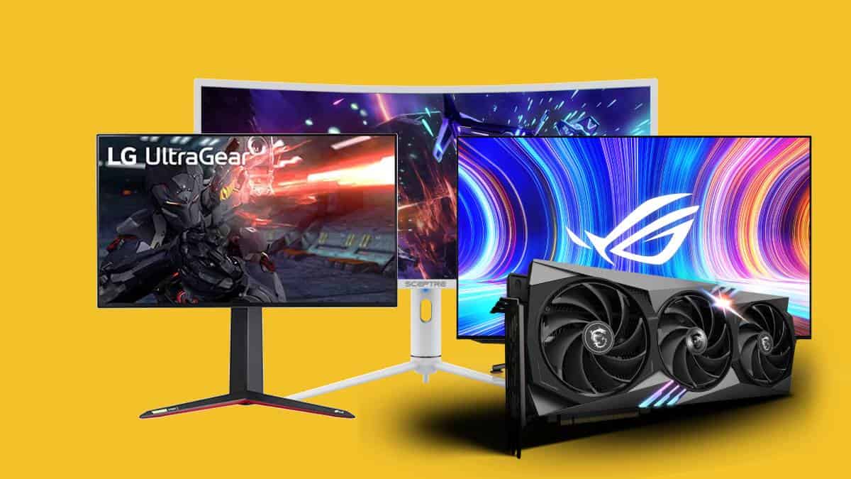 Lg rog gaming OLED monitors on a yellow background.