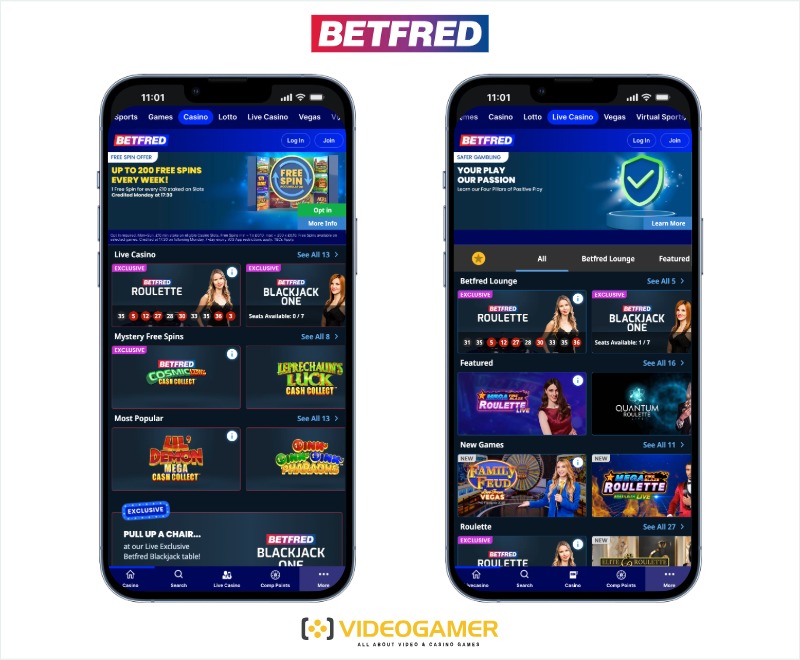 Images of the Betfred online casino app for minimum £5 deposits