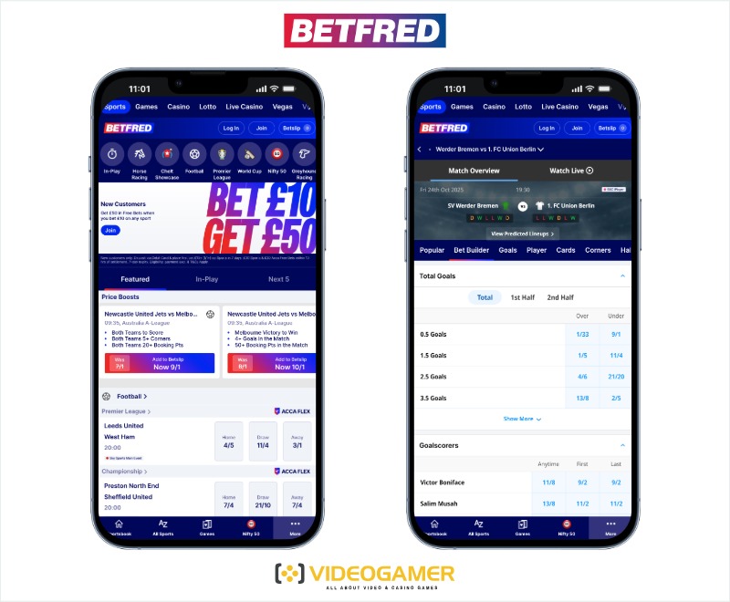 Two smartphone screens showcasing the Betfred betting app with features like £10 bet and £50 bonus offers. The app highlights popular football betting options, price boosts, and live match details, designed for users exploring betting apps UK.