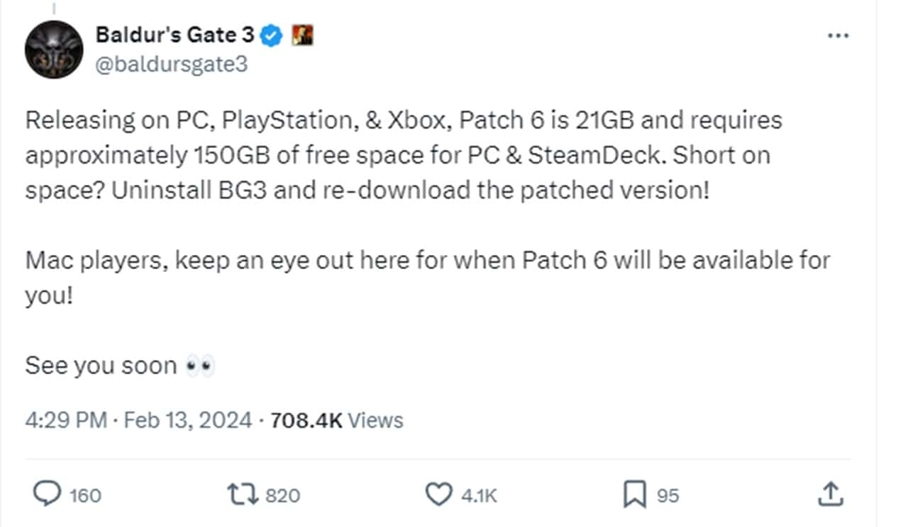 BG3 patch 6 download size tweet