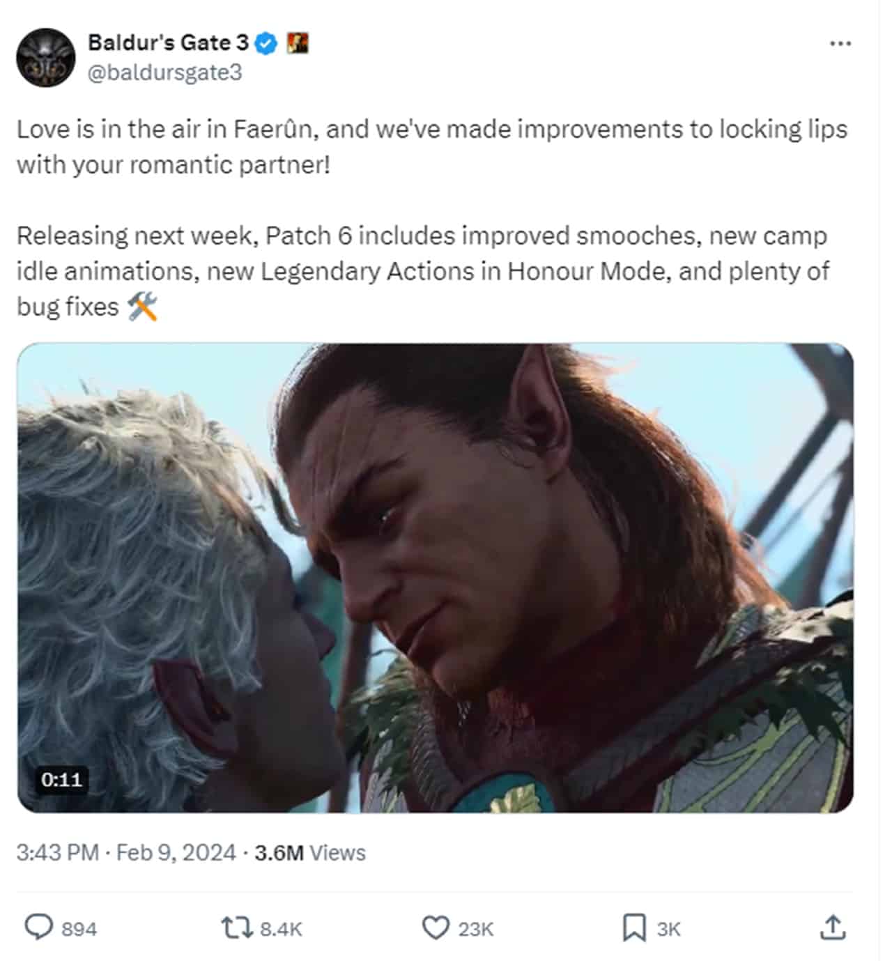Baldur's Gate 3 patch 6 release tweet