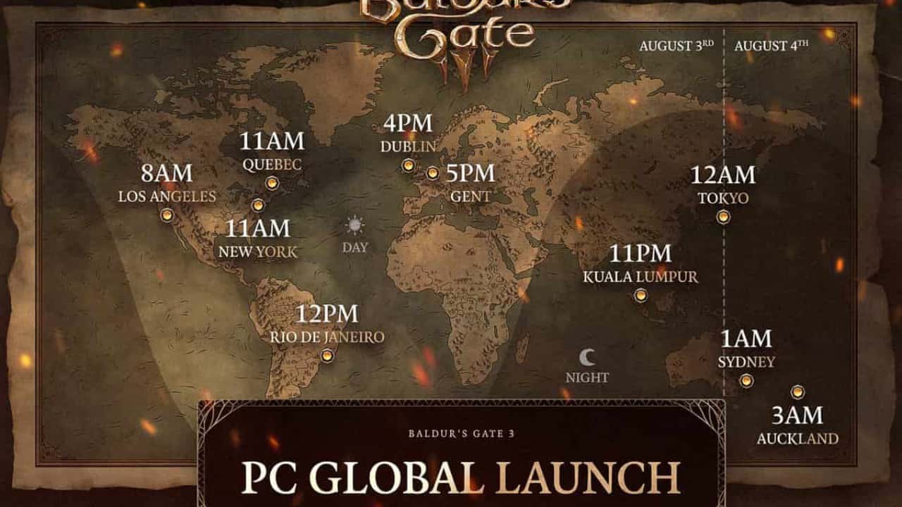 Baldur's Gate 3 PC launch time: An official map showing the launch times across different timezones.