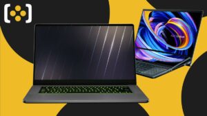 Two laptops on a yellow and black background.