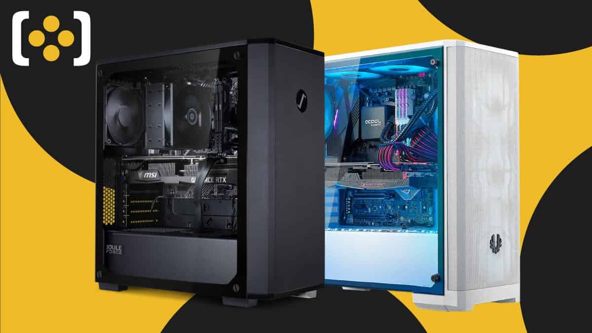 Explore the sleek design of a black and white PC case, featuring a captivating yellow and black background. Unleash the power of incredible Black Friday deals on RTX 3080 gaming PCs