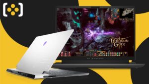 Take advantage of Black Friday discounts on a powerful Alienware gaming laptop, complete with an enticing game image displayed on its screen.
