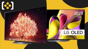 Two LG OLED TVs, showcasing the incredible Black Friday deals, set against a vibrant yellow background.