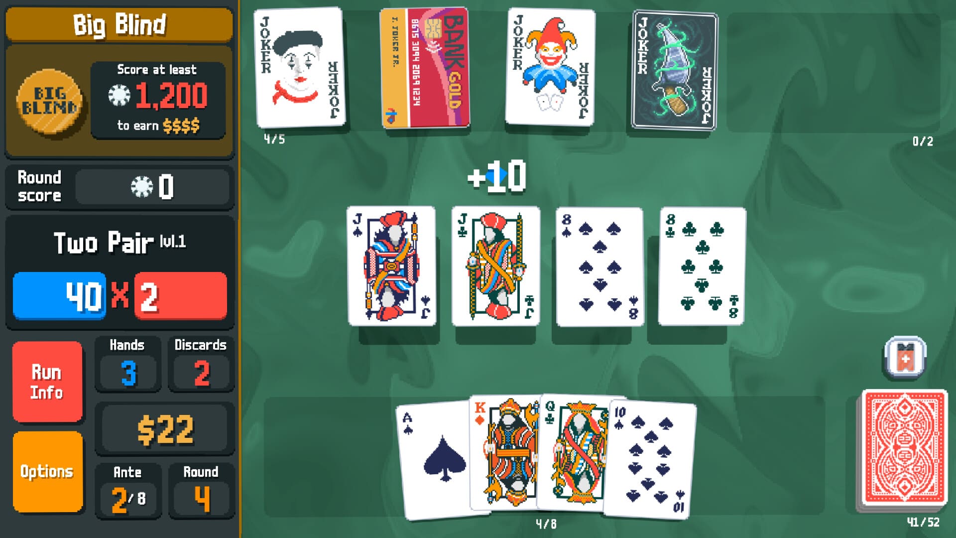 Poker game interface showing two pair with joker cards in Balatro