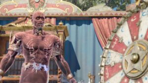 A man is standing in front of a large wheel, pondering how to beat akabi the djinn.