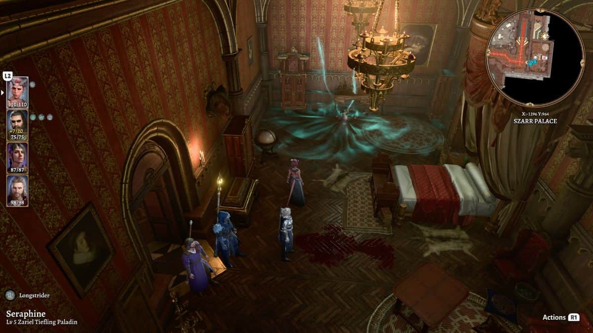A screenshot of a room in a video game featuring a mysterious door.